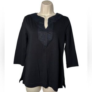 Ralph Lauren Black Linen Trim Side Vent 3/4 Sleeve Tunic Top SZ M Classic Preppy